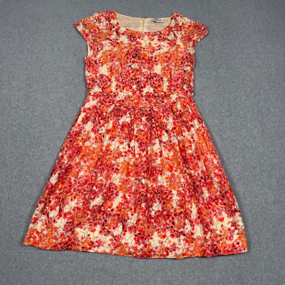 Madewell Orange Red Floral Lace Fit and Flare Dress Cap Sleeve Cottagecore 2
